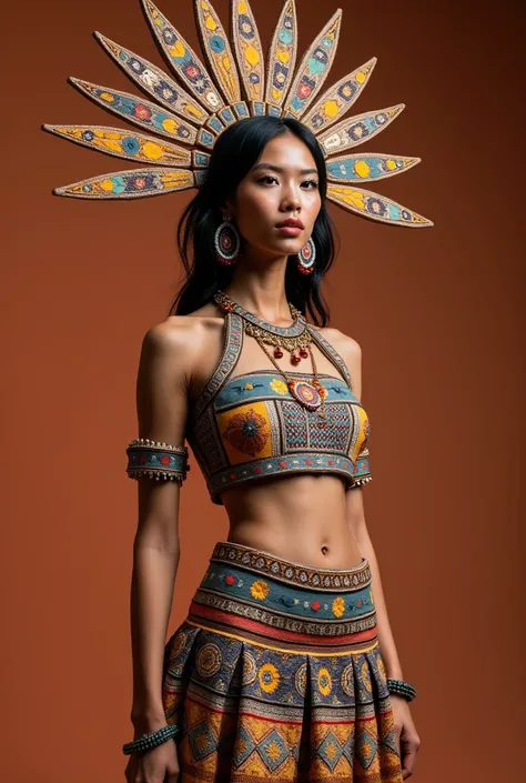 A crop top and short skirt design with a headdress inspired by current events but representing Guane ceramics in fabric 