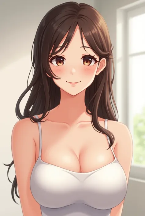 One person, Large Breasts, Large Breasts, smile, High resolution, Anatomically correct, Shortcuts, Brown Hair, Japanese women、2，Cute Japanese Idols、Cropped tube top、No shoulder straps、Narrow top