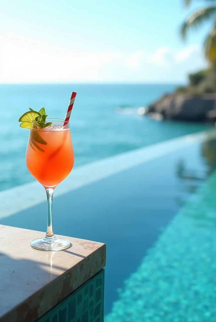 (photorealism:1.2), realistic photo of a cocktail placed on the edge of an infinity pool overlooking the ocean