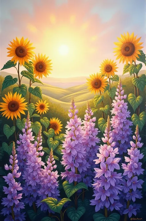 I want an oil painting like this that has a garden of pale purple flowers and that are together with sunflowers in a landscape background with soft tones. 