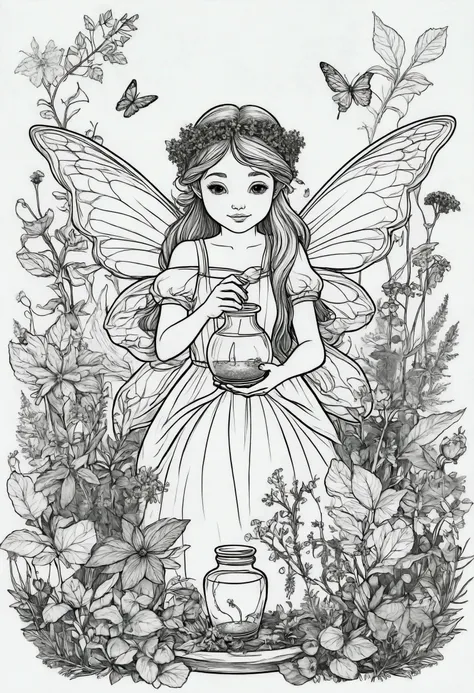 A fairy making a potion from forest herbs and flowers, for coloring pages, full white, clean line art, childrens style, magic forest background, full body, Sketch style, playful style, childrens, coloring page, clean line art, white background, coloring pa...