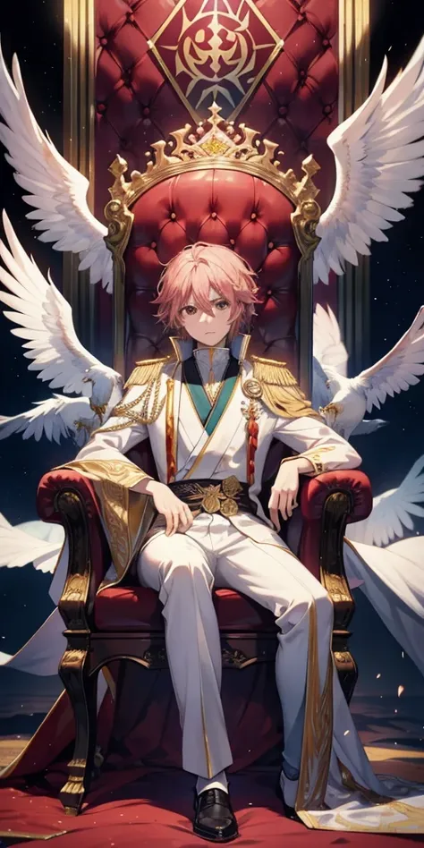 prince of phoenixs, smuggly sitting on a throne, phoenix next to him