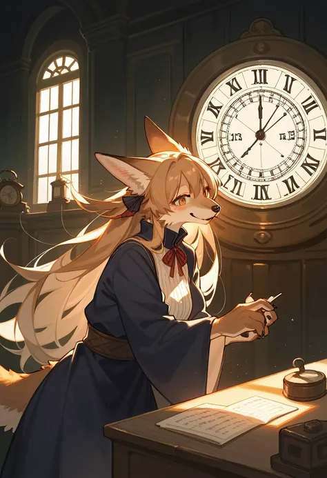 rating_safe, score_9, score_8_up, score_7_up, score_6_up, score_5_up, score_4_up, hires, source_furry, cover page, highres(1girl, kemono, furry anthro, fearless smile, reach for the clock) in room with clock, fantasy artwork, cinematic lighting, Backlight,