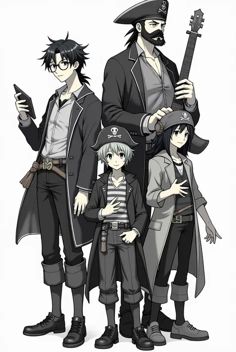 Make FIVE jolly Rogers in anime style only in Black, White and shades of Grey in only one picture: The first with round glasses and a book, The second with a jester hat and bard features, the third with millitary gadgets, The fourth with a ninja mask and T...