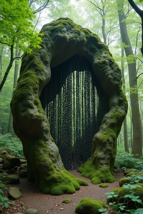 Chain Art、Surreal、Chain sculpture in the forest、Chain sculpture carved into stone、Sculpture that defies the laws of physics、Wabi-sabi art、Moss-covered sculpture、few soft green led lights generate art effect