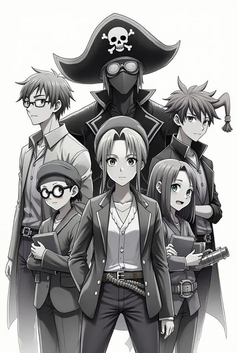 Make FIVE jolly Rogers in anime style only in Black, White and shades of Grey in only one picture: The first with round glasses and a book, The second with a jester hat and bard features, the third with millitary gadgets, The fourth with a ninja mask and T...