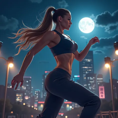 (masterpiece), A woman wearing a t-shirt and sweatpants, Long Hair, Dancing, Ponytail Hair (Highest quality), Super Resolution, Very detailed, Perfect lighting, Athletic build, Strong and muscular, Large and firm breasts, City of night, Beautiful night vie...