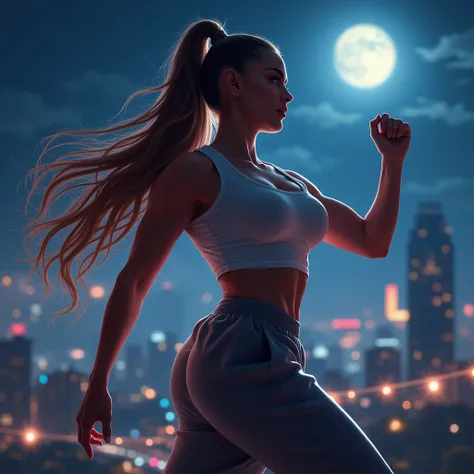 (masterpiece), A woman wearing a t-shirt and sweatpants, Long Hair, Dancing, Ponytail Hair (Highest quality), Super Resolution, Very detailed, Perfect lighting, Athletic build, Strong and muscular, Large and firm breasts, City of night, Beautiful night vie...