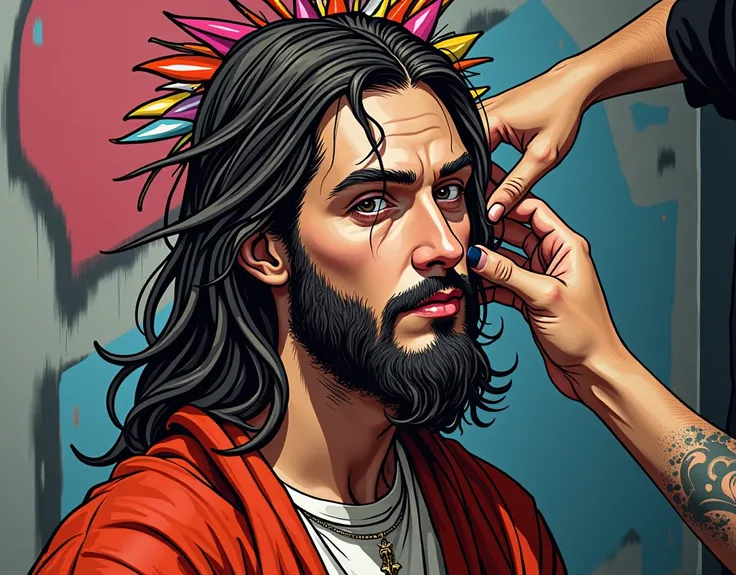 We need an image of Jesus getting his hair done like punk hair aur unke head per hair nahi ho