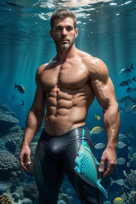 ((mature male)), triton，((standing alone)), ((The upper body is a human being and the lower body is a fish))，The fish&#39;s body replaces the legs，(((bluish-white skin)))，(Ears with bluish-white scales) ((gold nuirilla upper body, crotch bulge，unsmooth ski...