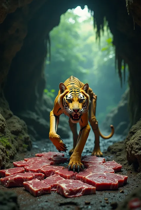 a skeletal yellow tiger in a cave filled with meat slabs, cute realistic style, forest background, highly detailed, cinematic lighting, vibrant colors, photorealistic, 8k, best quality, masterpiece