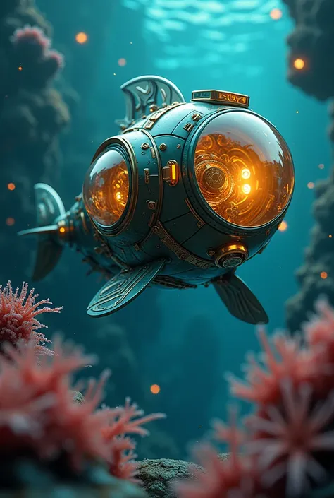    ( perfect anatomy )  High-tech futuristic mechanical creature with a bright brass head and a transparent window(Mechanical big fish ) Steampunk submarine underwater submarine in deep sea futuristic style transparent window(Mostly transparent design lets...