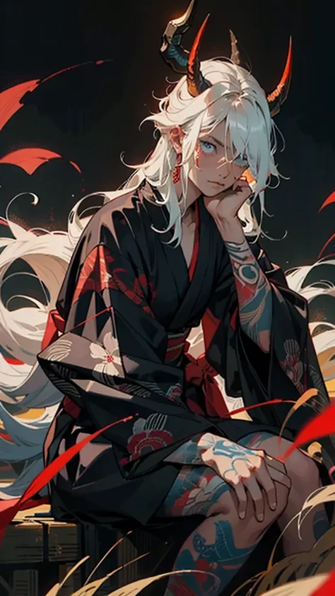 1male, masculine, ((mature)), sharp feature, masterpiece, ultra detailed, sharpened, white hair, long hair, messy hair, blue eyes, red yukata, ((red tattoos)) black underclothing, ((horns)), (old japan background), detailed background, expressionless, emot...