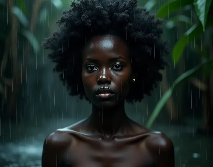 An exquisite portrait of an African woman with deep ebony skin and a realistic afro hair bathing in the pouring rain, the image is captured in stunning 4K, enhancing every single detail. Her beauty is astounding. Her eyes tell her whole story. The lighting...