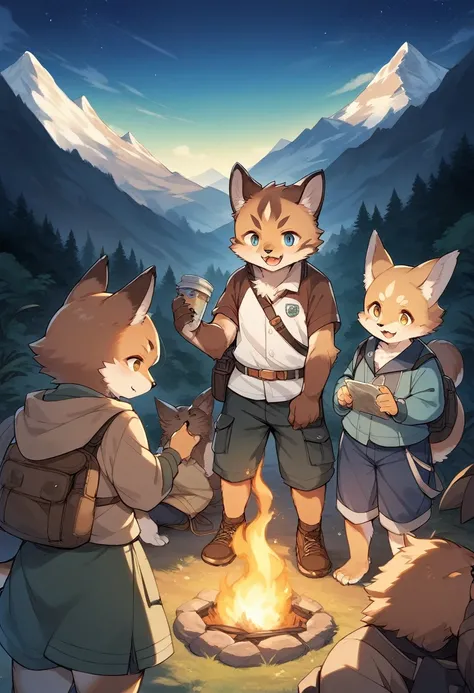 rating_safe, score_9, score_8_up, score_7_up, score_6_up, score_5_up, score_4_up, hires, source_furry(kemono, furry anthro, group shot, 1boy, 1girl)Campsite in the mountains, camp-fire, night sky(Photo of family trip),