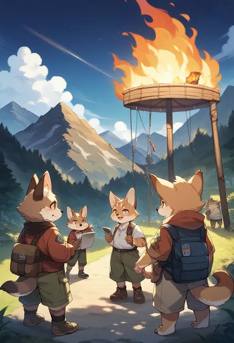 rating_safe, score_9, score_8_up, score_7_up, score_6_up, score_5_up, score_4_up, hires, source_furry(kemono, furry anthro, group shot, 1boy, 1girl)Campsite in the mountains, camp-fire, night sky(Photo of family trip),