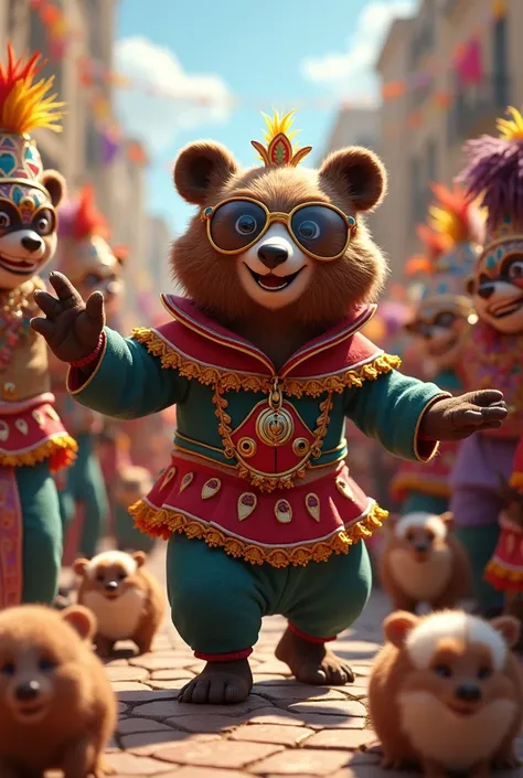 Act as a graphic designer and create a design that includes an animated spectacled bear, dressed in carnival costumes, dancing and celebrating among the crowd of people with masks and guinea pigs in a festive atmosphere.