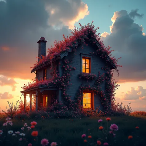 the silhouette of a house made of real flowers