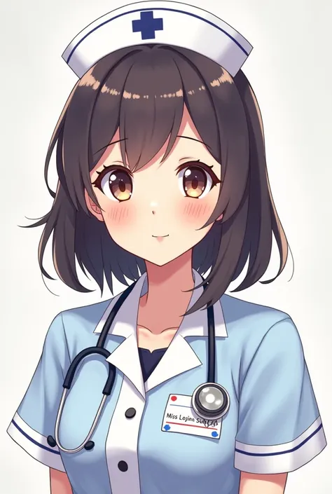 A girl face like anime she is a nurse she is wearing a white coat and white dress and in her batch their is named lojina Subba .she has almond eyes specially in her tag their should written miss Lojina subbba standing far