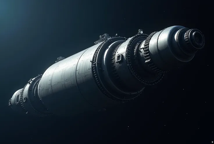 **Hyperdetailed Cylindrical Space Colony:**

- **Structure**: A massive, elongated cylinder floating in space. Its length is 5-6 times its diameter.
- **Exterior**: Smooth, reflective metallic surface with visible solar panels and radiators along the sides...