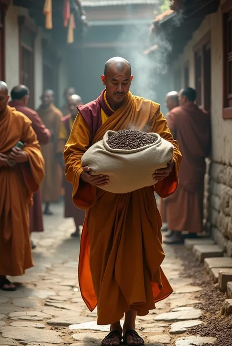 Monk delivering coffee beans to other Monks