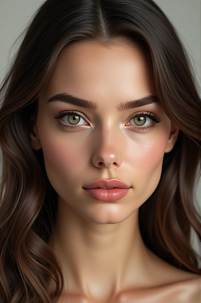 A woman and her face is symmetrical and harmonious, with big expressive eyes, full lips, and a fine nose. Her hair is long and silky, and her complexion is radiant. Every detail of her face is balanced, creating captivating and timeless beauty.