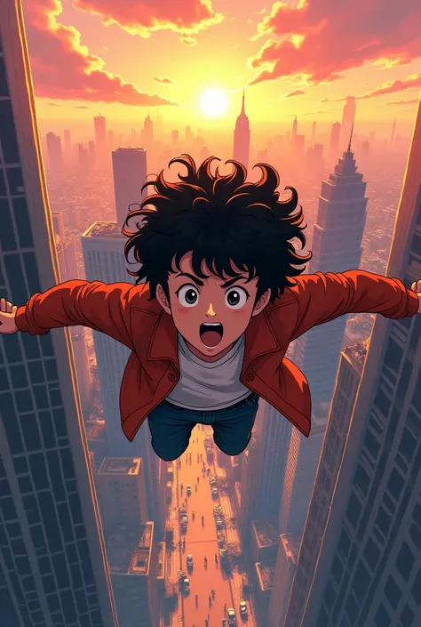 A young man with curly hair is falling from the sky into the bustling city below with a beautiful city view in the background versi anime