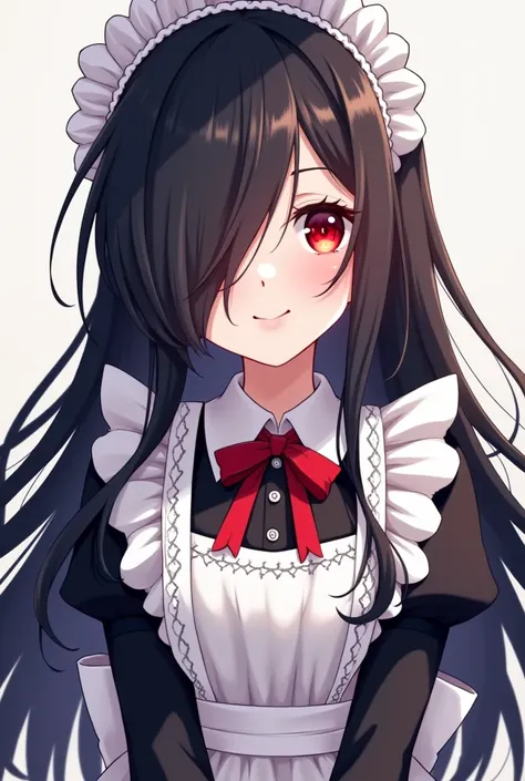 Anime style, 2d style, Anime girl, close up, long black hair with bang covering one eyes, red eyes, cute maid uniform, no background