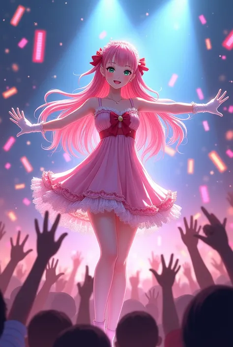 score_9, score_8_up, score_7_up, rating_safe, masterpiece, best quality, very aesthetic, absurdres, 1girl, solo, pink hair, long hair, hair ribbon, ribbon, bangs, green eyes, smile, open mouth, faint lips, idol, idol clothes, red bow, pink dress, frilled d...