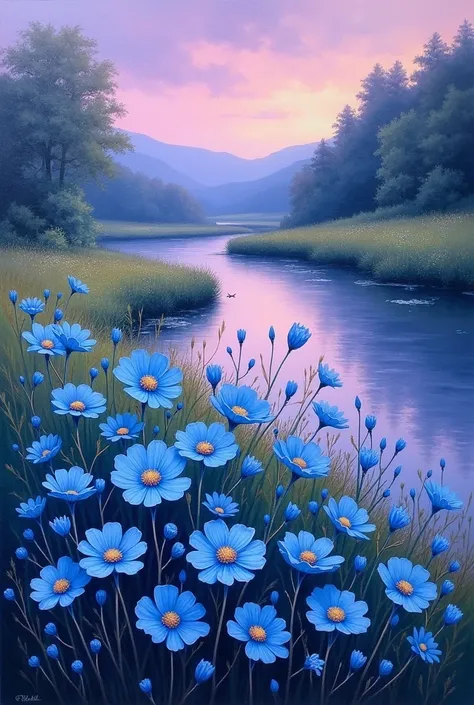 I want an oil painting and some blue flowers like those that grow in the countryside plus a purple sea like a river mouth.