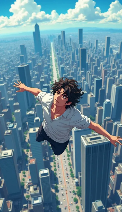 A young man with curly hair with closed eyes is falling from the sky into the bustling city below with a beautiful city view in the background versi anime