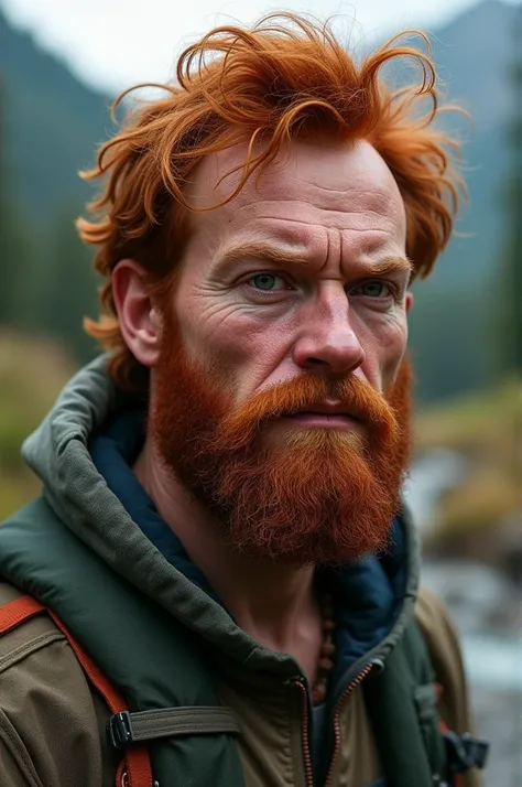 Red-haired man with scruffy hair, moderately careless, has a height of 6&#39;2, He has brown eyes and his facial features are masculine., has slight dark circles, He is an environmentalist 