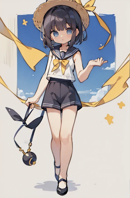 Highest quality、Masterpiece、Black medium hair、(Sleeveless、Sailor collar、White shirt:1.2)、high-waisted shorts、black culottes、(Petite、:1.3)、flat body、Yellow ribbon、Blue Eyes、Straw hat、