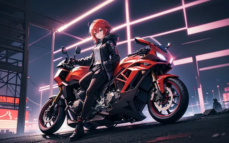 i imagine a cyberpunk world full of mystery and the future.. サイバーパンクなbikeに乗ったアニメの女の子を想像する, surrounded by the neon lights of the ...