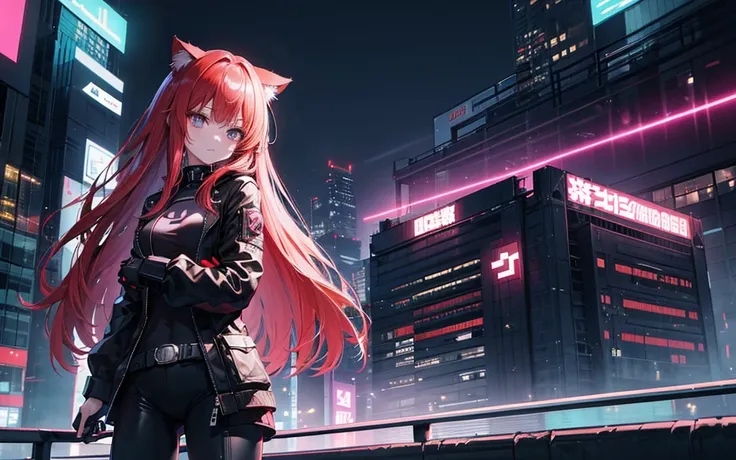 I imagine a cyberpunk world full of mystery and the future.. サイバーパンクなbikeに乗ったアニメの女の子を想像する, Surrounded by the neon lights of the night city. His purple and black suit, The shiny chain and her red hair create a glamorous look.. bike, A helmet with a shiny su...