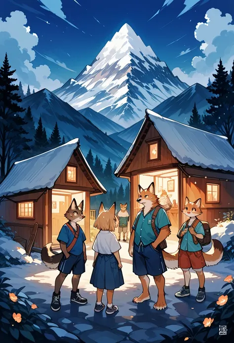 rating_safe, score_9, score_8_up, score_7_up, score_6_up, score_5_up, score_4_up, hires, source_furry(kemono, furry anthro, group shot, 1boy, 1girl)Campsite in the mountains, camp-fire, night sky(Photo of family trip),