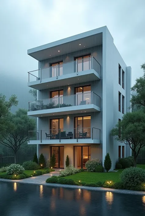 Create a realistic 3D image of a 4 storeyed residential building, modern architecture, in a blue rainy season background 