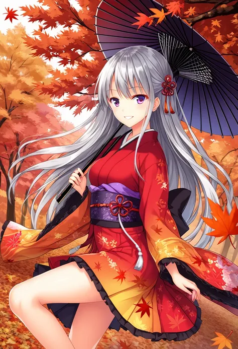 A girl in a vibrant Japanese dress, smiling, silver hair, long hair, Japanese umbrella, autumn leaves, fallen leaves