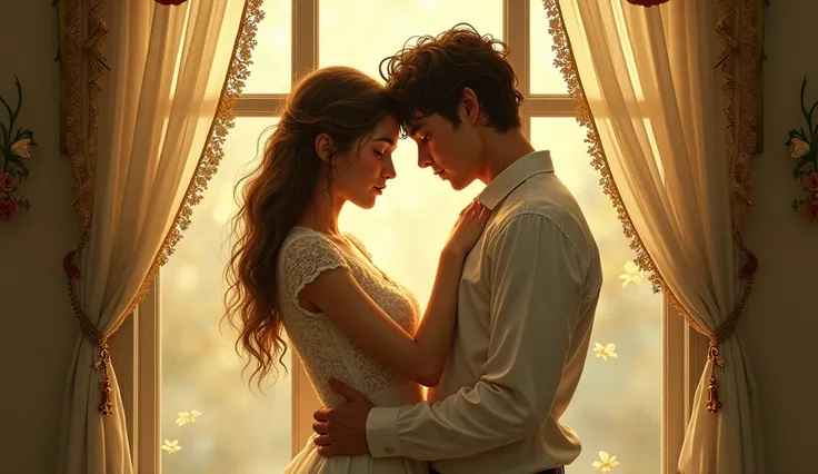 I am nothing without you boy and girl background, window with sunlight, relaxed pose, realistic, intricate details, warm colors, by Greg Rutkowski, by Alphonse Mucha