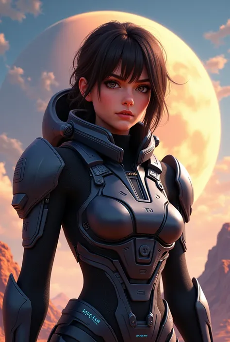 Beautiful woman with bangs, wearing Commander Shepards N7 armor, from the game Mass Effect, Pixar style, with many details, with a planet in the background