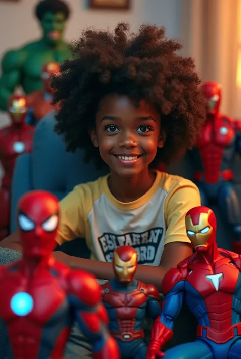 I want an image of a black teenager with curly hair looking at the camera, with Marvel action figures around him and him sitting in a chair with the title “astro collects”