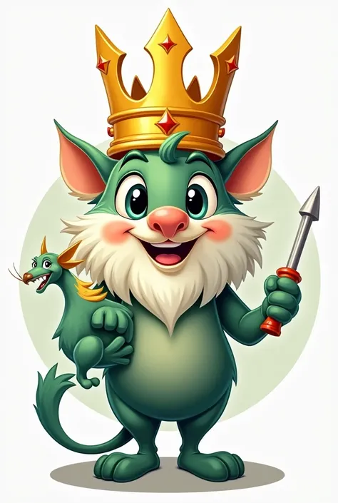 Inspired by Disney animations, create a mascot that is a three-pointed crown with a friendly face and holding a griffin and a screwdriver, create it with the color gold and the rest in the color "#0b3d2c , #00a651 b #FFFFFF" This mascot is for a company ca...