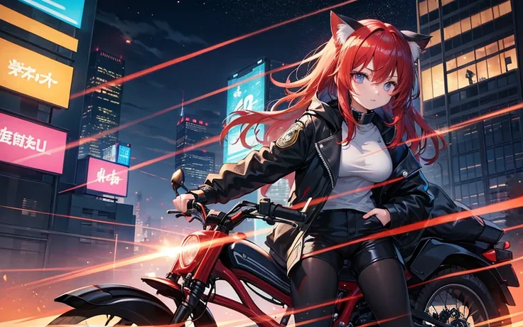 I imagine a cyberpunk world full of mystery and the future.. サイバーパンクなbikeに乗ったアニメの女の子を想像する, Surrounded by the neon lights of the night city. His purple and black suit, The shiny chain and her red hair create a glamorous look.. bike, A helmet with a shiny su...