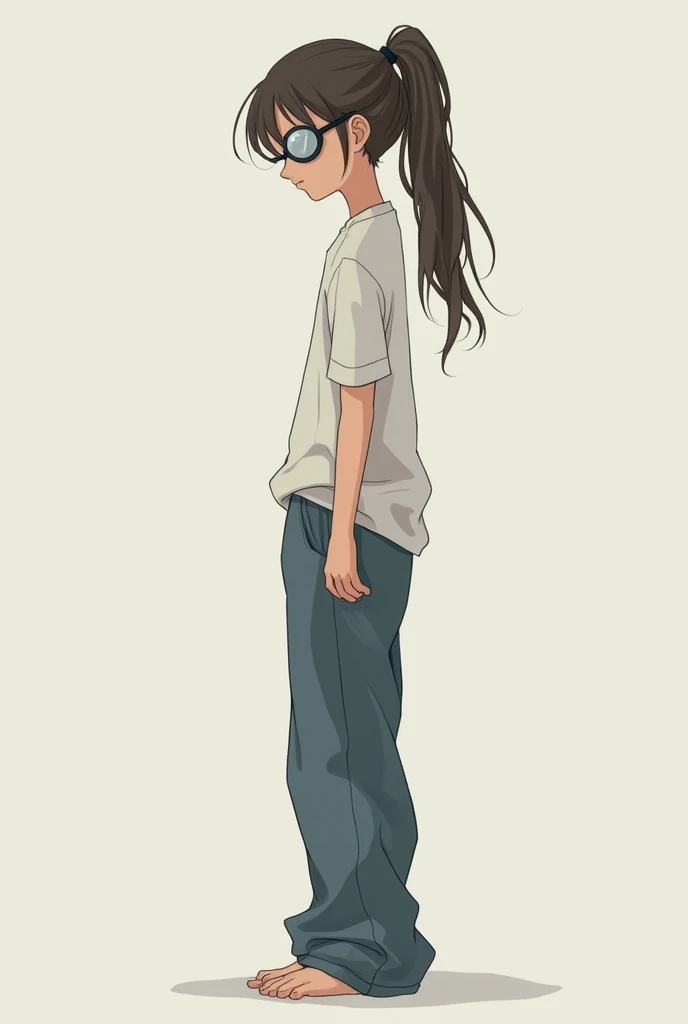 Boy with long hair poni tail and were a circle transparent 
goglees small size
 full body and slim boy with baggy jeans

