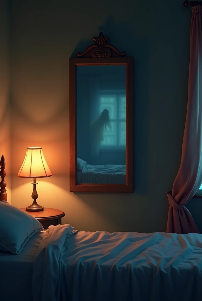 Show Emily’s cozy bedroom, dimly lit by a bedside lamp. The mirror is now hanging on the wall, its surface reflecting the room. The atmosphere should feel slightly uneasy, with a subtle chill in the air around the mirror. Perhaps, a faint shadow or blur ca...