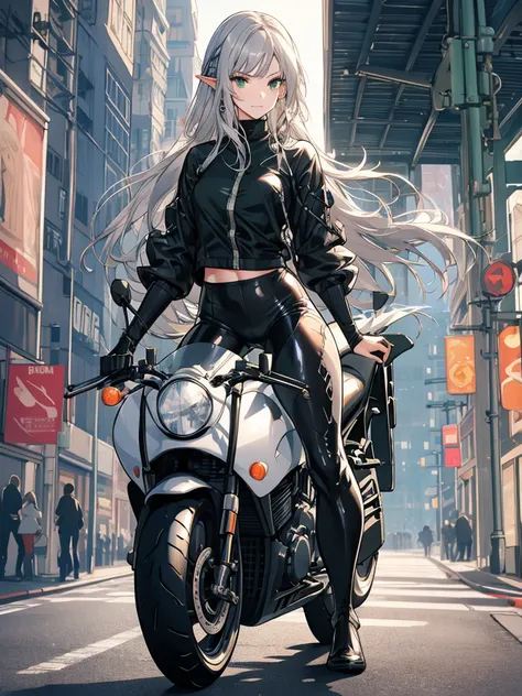 masterpiece, best quality, 1girl, ultra detailed, ultra highres, well-definded facial features, anatomically correct, cute girl, long pointy ears, dark elf, nice face,silver hair, green eyes, mole ungereye, rider suit, riding motorcycle, street,