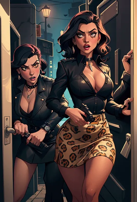 robert lesser, banks vault, charismatic , open wide eyes, leopard skirt, illustration, noir fantasy, action scene, two woman, a police woman points her gun at a teenage thief, sad ending, thief with hands lifted, pulp art, sensual curves, cleavage, vagina ...