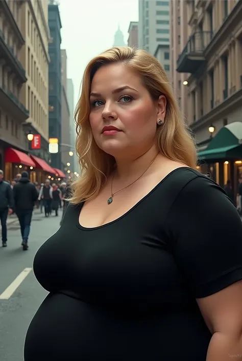 A 2 obese fat pale blonde blue eyed woman wearing a black dress top in the street