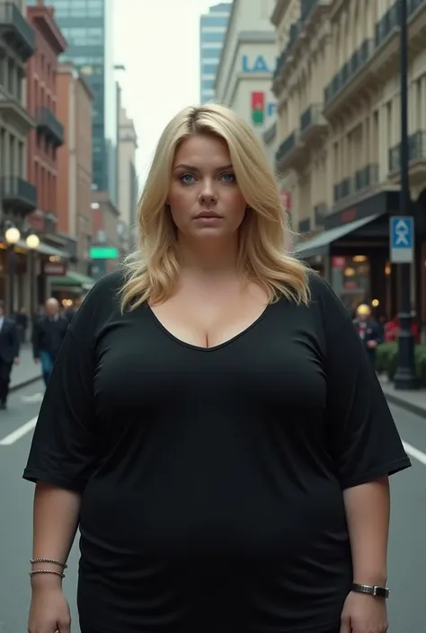 A 2 obese fat pale blonde blue eyed woman wearing a black dress top in the street