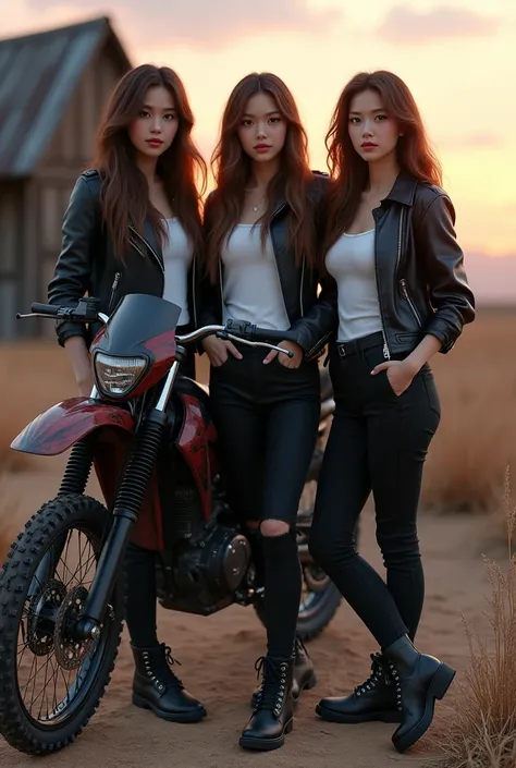 (photorealism:1.2), a 3 Asian woman, long brown hair, wearing a black leather jacket, white t-shirt, black pants, boots, standing leaning against a trail motorbike, the background is dry land, dry weeds, an old house made of wood, a beautiful twilight sky